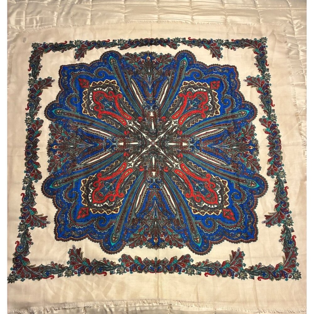 Vintage Square Japan Scarf With Intricate Paisley Design In Red Blue & Cream